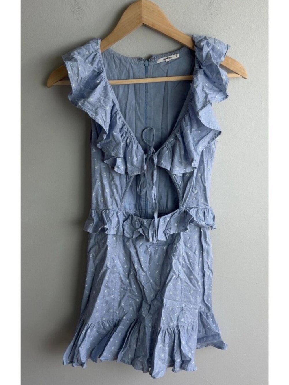 Tularosa Blue Floral Ruffled Mini Dress Cotton Cut-Out Front Size XS Women’s